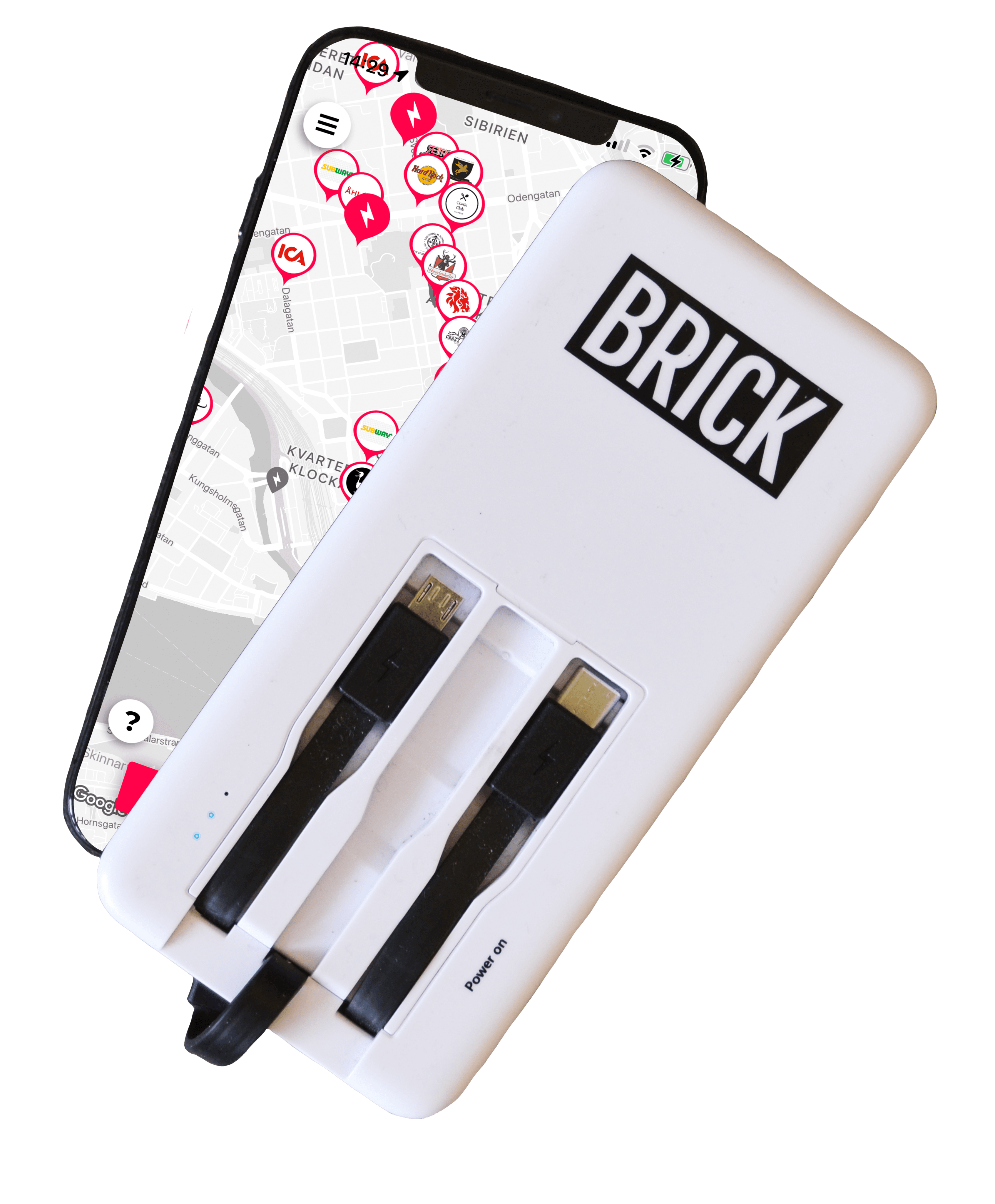 Eine Brick-Powerbank, die ein Telefon auflädt